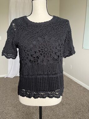 Black Crochet Lace Cotton Boho Knit Blouse Festival Short Sleeve Top Size M